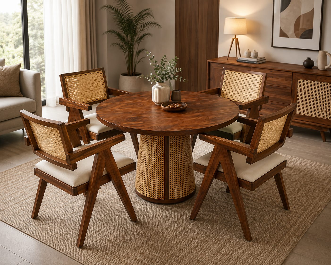 PremWood Premium Solid Sheesham Wood 4-Seater Round Dining Set – Natural Cane, Honey Finish