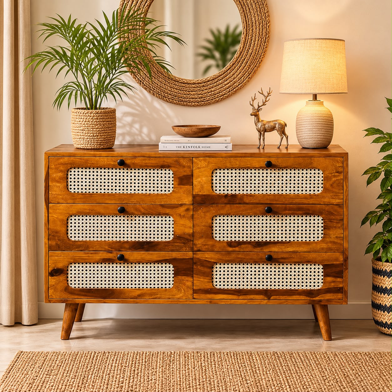 PremWood Solid Sheesham Wood 6-Drawer Dresser with Natural Rattan Cane Panels | Honey Finish Wooden Chest of Drawers | Mid-Century Modern Storage Cabinet for Bedroom & Living Room