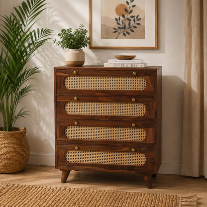 PremWood Solid Sheesham Wood Chest of 4 Drawers with Natural Rattan Cane Weave | Honey Finish Wooden Dresser Cabinet | Bedroom & Living Room Storage
