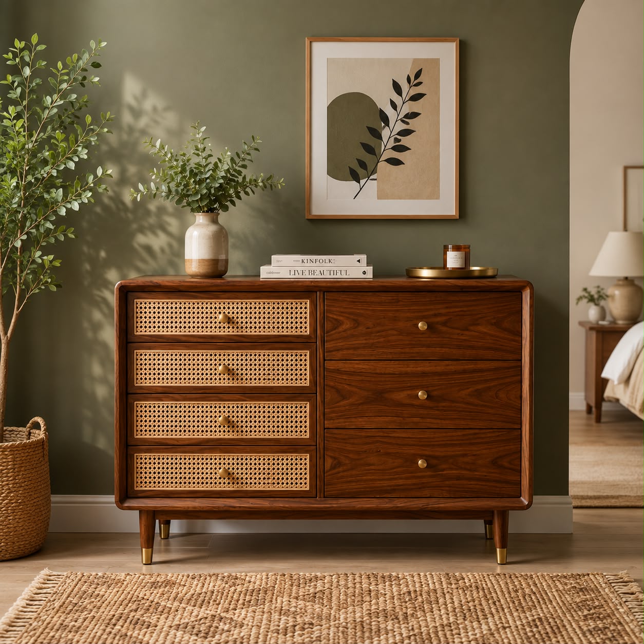 PremWood Solid Sheesham Wood 7-Drawer Chest of Drawers with Natural Rattan Cane Front | Honey Finish Wooden Dresser Cabinet | Bedroom & Living Room Storage