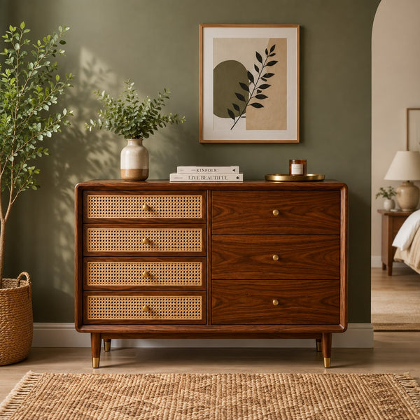 PremWood Solid Sheesham Wood 7-Drawer Chest of Drawers with Natural Rattan Cane Front | Honey Finish Wooden Dresser Cabinet | Bedroom & Living Room Storage