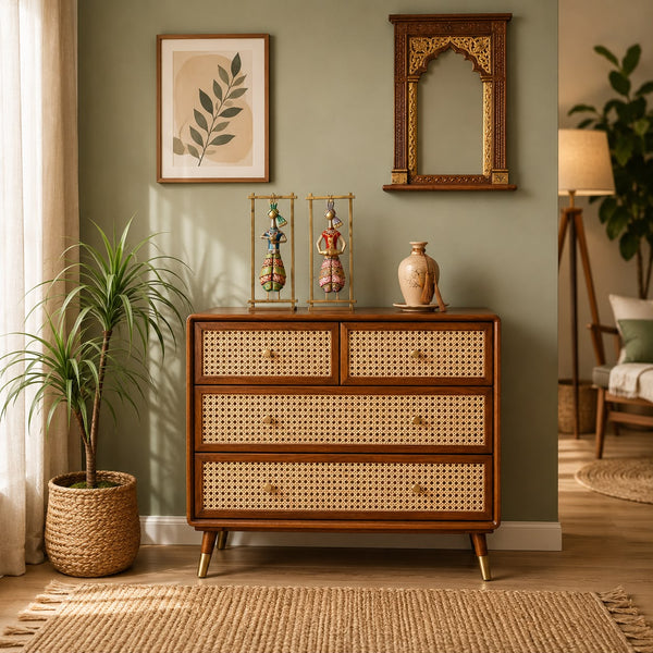 PremWood Solid Sheesham Wood Chest of Drawers with Natural Rattan Cane Weave Front | Honey Finish Wooden Dresser Cabinet | 4 Drawer Storage for Bedroom & Living Room