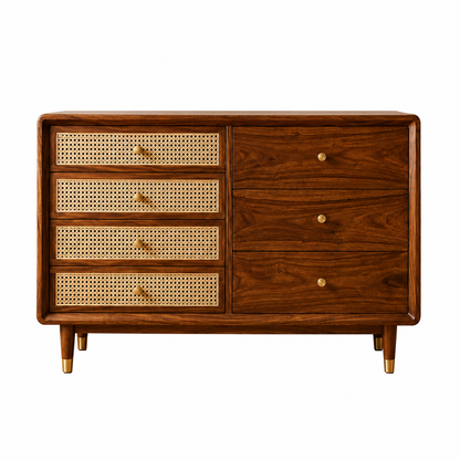 PremWood Solid Sheesham Wood 7-Drawer Chest of Drawers with Natural Rattan Cane Front | Honey Finish Wooden Dresser Cabinet | Bedroom & Living Room Storage