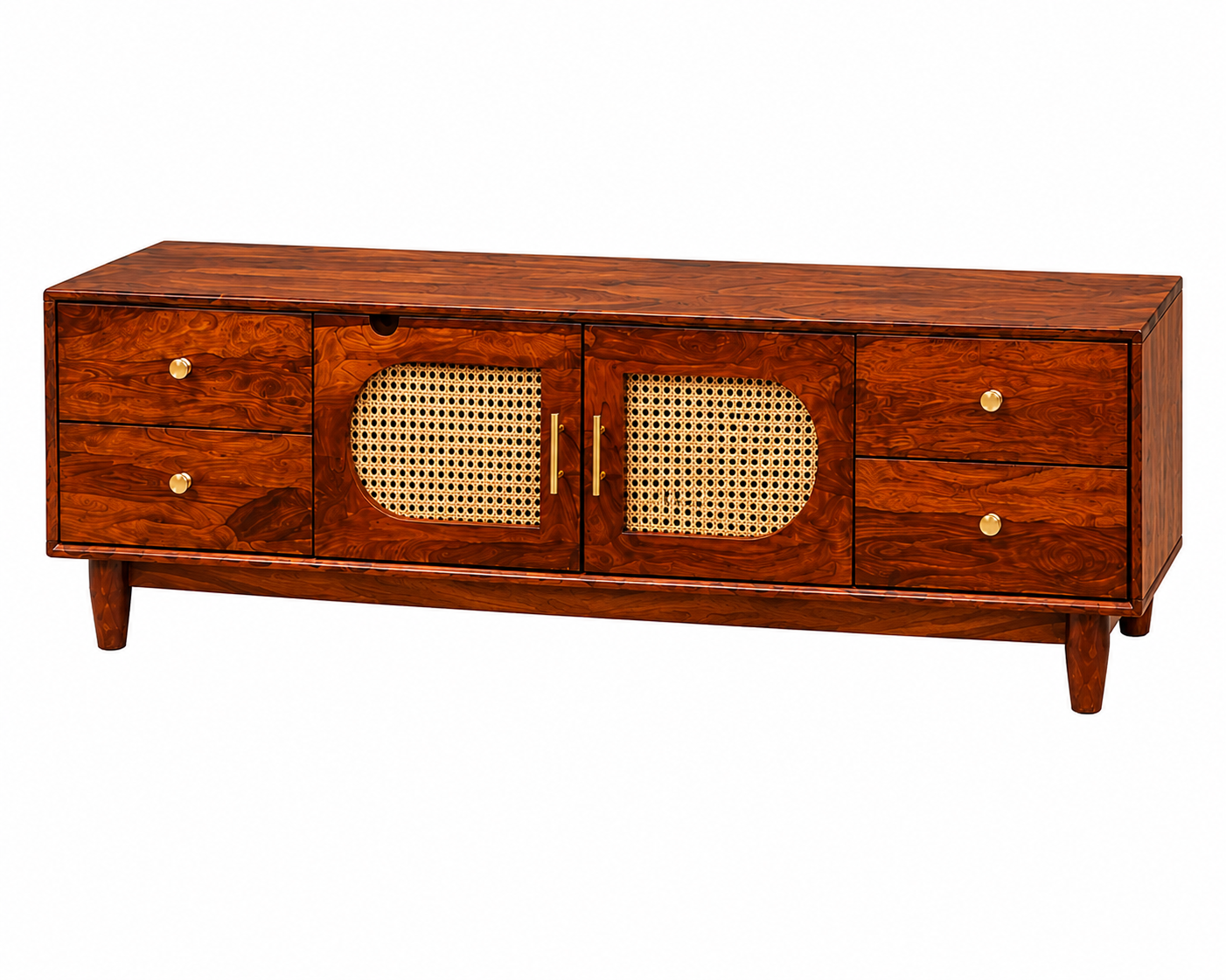 PremWood Solid Sheesham Wood TV Unit with Natural Cane Door Panels & 4 Drawers, Wooden Media Console for Living Room, Walnut Finish