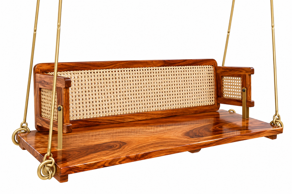 PremWood Solid Sheesham Wood Swing Jhula with Natural Rattan Cane Backrest, Brass-Coated Rods, Honey Finish, Handcrafted Hanging Swing for Home, Balcony & Living Room