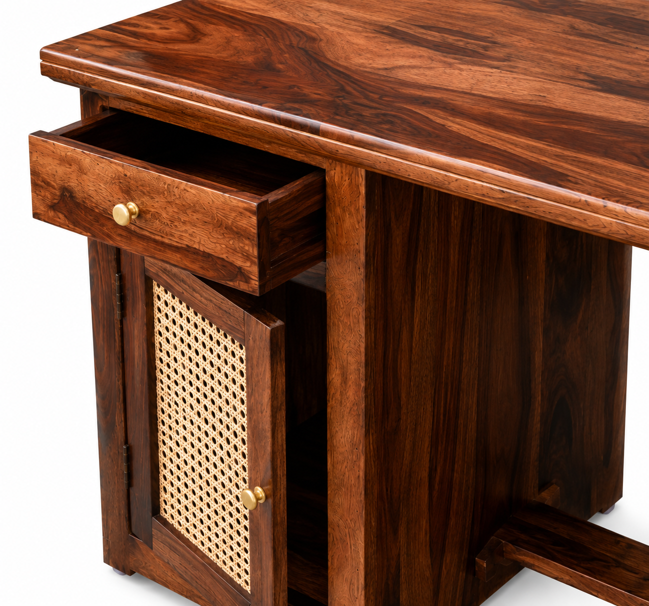 PremWood Solid Sheesham Wood TV Unit with Natural Cane Door Panels & 4 Drawers, Wooden Media Console for Living Room, Walnut Finish