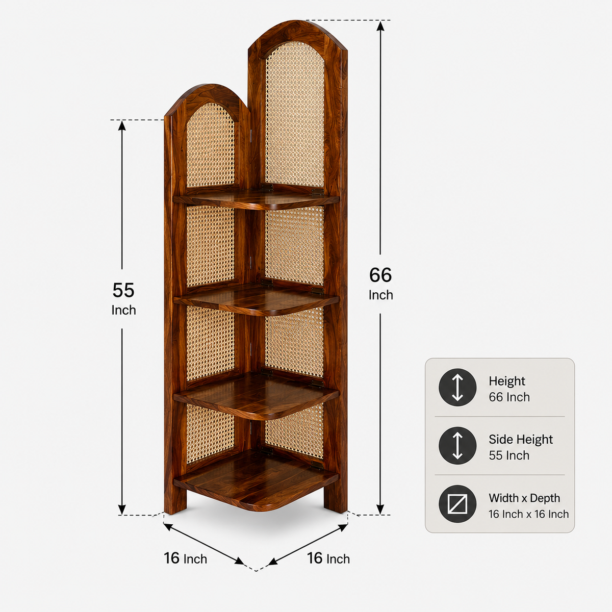 PremWood Solid Sheesham Wood 4-Tier Corner Shelf with Natural Rattan Cane | Wooden Corner Bookcase & Display Rack for Living Room, Bedroom & Office | Honey Finish
