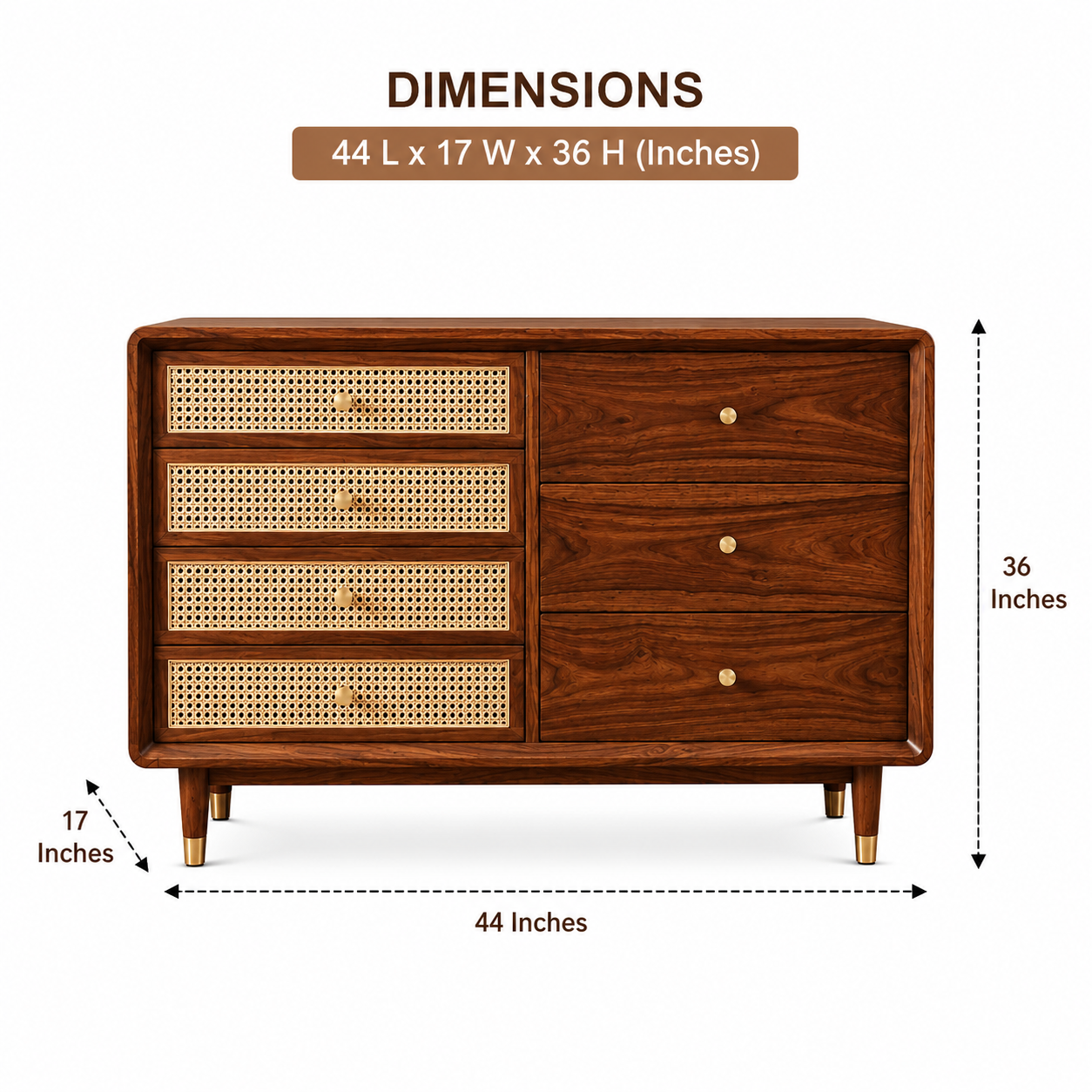 PremWood Solid Sheesham Wood 7-Drawer Chest of Drawers with Natural Rattan Cane Front | Honey Finish Wooden Dresser Cabinet | Bedroom & Living Room Storage