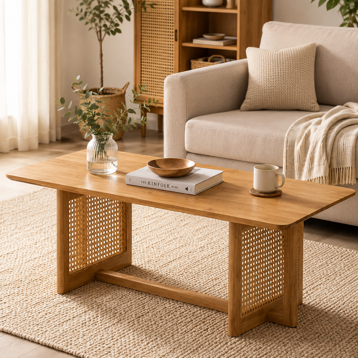 PremWood Solid Wood Rattan Cane Coffee Table | Modern Wooden Centre Table with Woven Cane Panel Legs