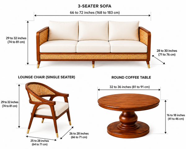 Wood and Rattan Living Room Sofa Set with Round Coffee Table, 3-Seater Sofa with 2 Lounge Chairs, Natural Cane Woven Panels, Solid Wood Frame, Cream Upholstery, Modern Wooden Furniture Set