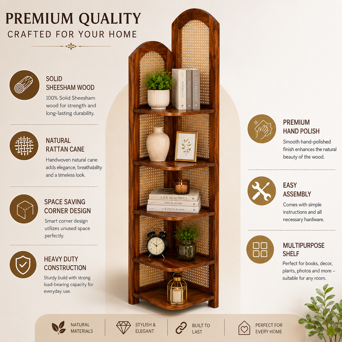PremWood Solid Sheesham Wood 4-Tier Corner Shelf with Natural Rattan Cane | Wooden Corner Bookcase & Display Rack for Living Room, Bedroom & Office | Honey Finish