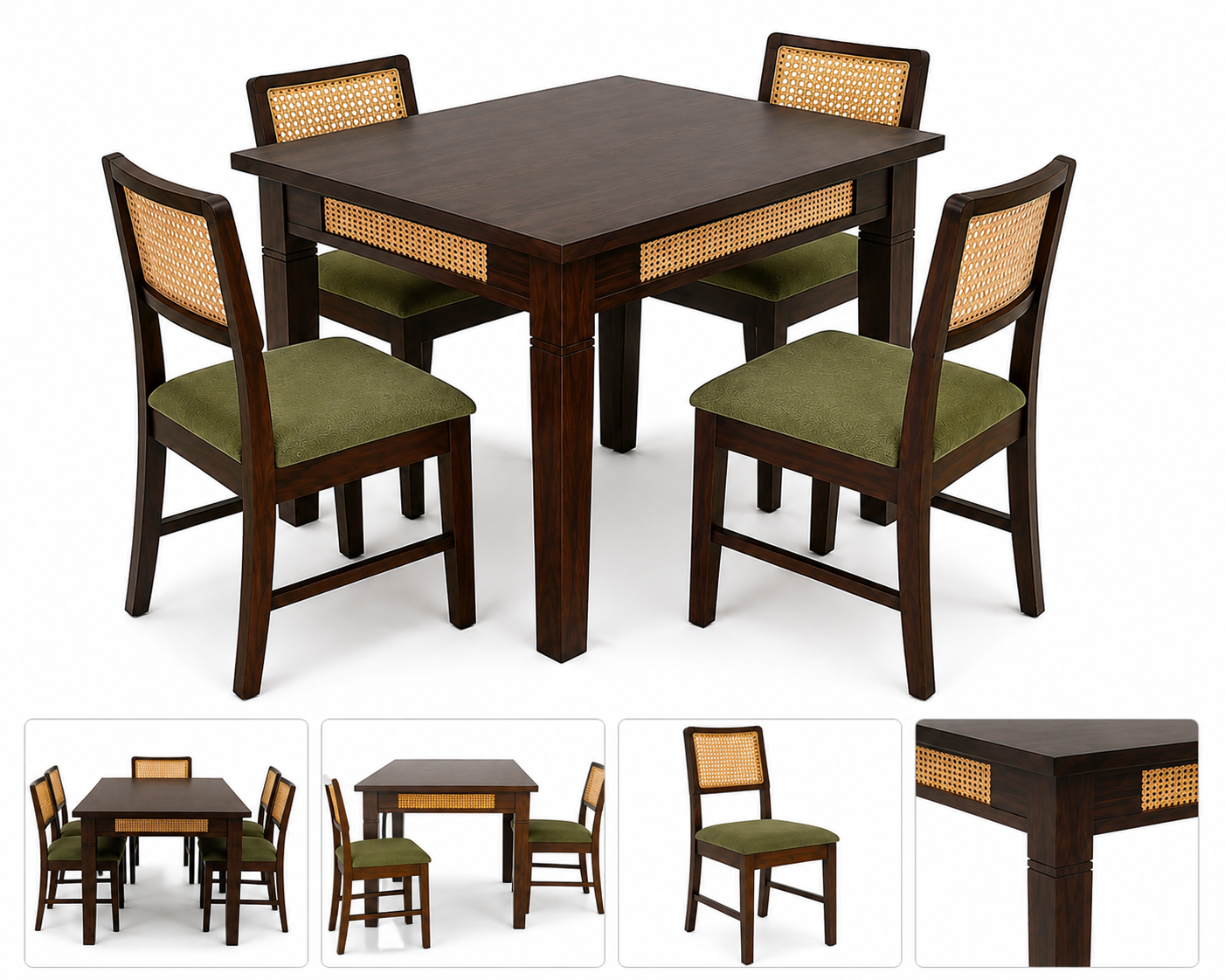 PremWood 4 Seater Solid Sheesham Wood Dining Table Set with 4 Rattan Cane Chairs, Handcrafted Wooden Dining Furniture for Home & Kitchen, Brown Finish