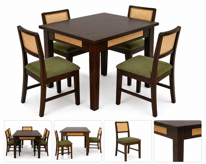 PremWood 4 Seater Solid Sheesham Wood Dining Table Set with 4 Rattan Cane Chairs, Handcrafted Wooden Dining Furniture for Home & Kitchen, Brown Finish