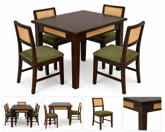 PremWood 4 Seater Solid Sheesham Wood Dining Table Set with 4 Rattan Cane Chairs, Handcrafted Wooden Dining Furniture for Home & Kitchen, Brown Finish
