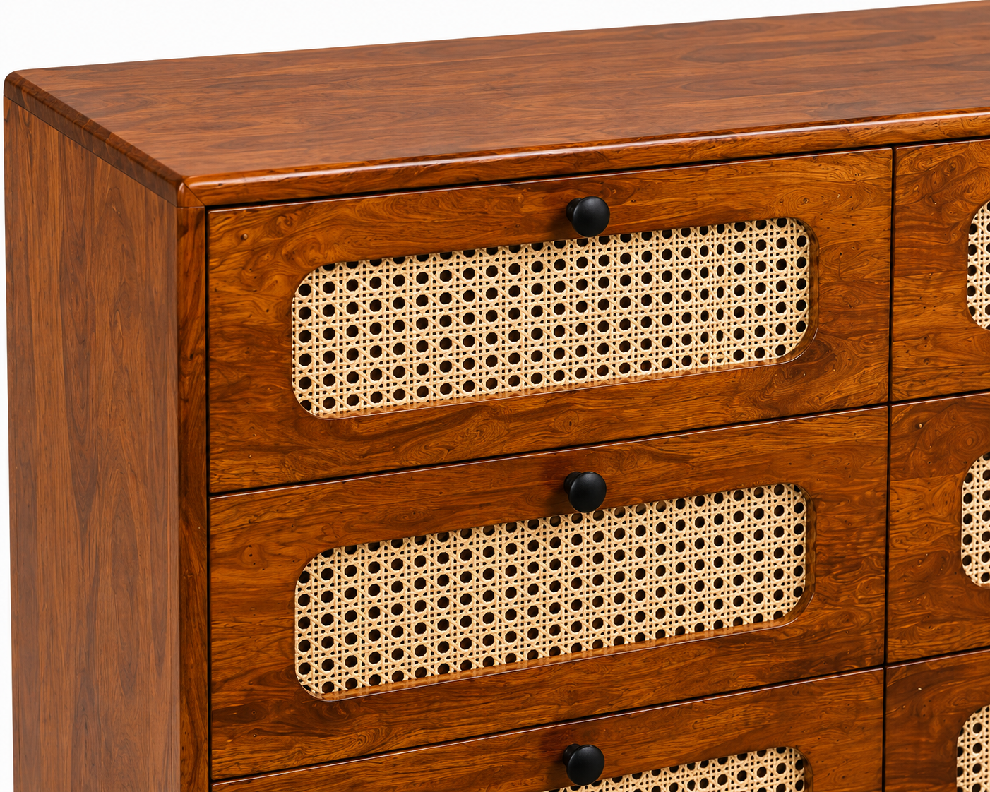 PremWood Solid Sheesham Wood 6-Drawer Dresser with Natural Rattan Cane Panels | Honey Finish Wooden Chest of Drawers | Mid-Century Modern Storage Cabinet for Bedroom & Living Room