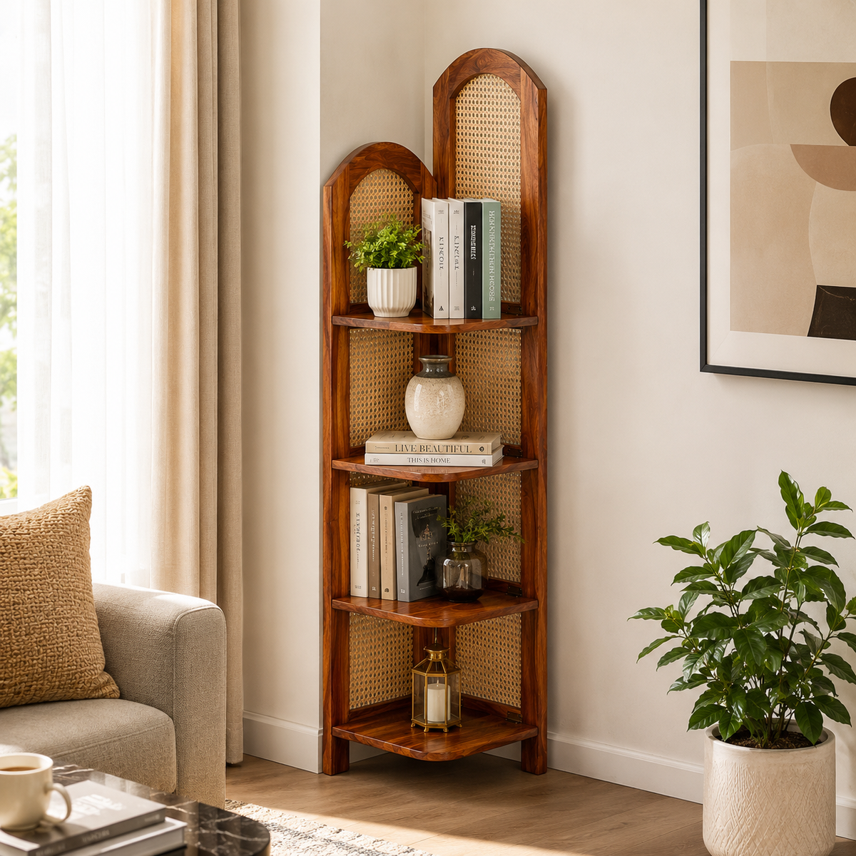 PremWood Solid Sheesham Wood 4-Tier Corner Shelf with Natural Rattan Cane | Wooden Corner Bookcase & Display Rack for Living Room, Bedroom & Office | Honey Finish