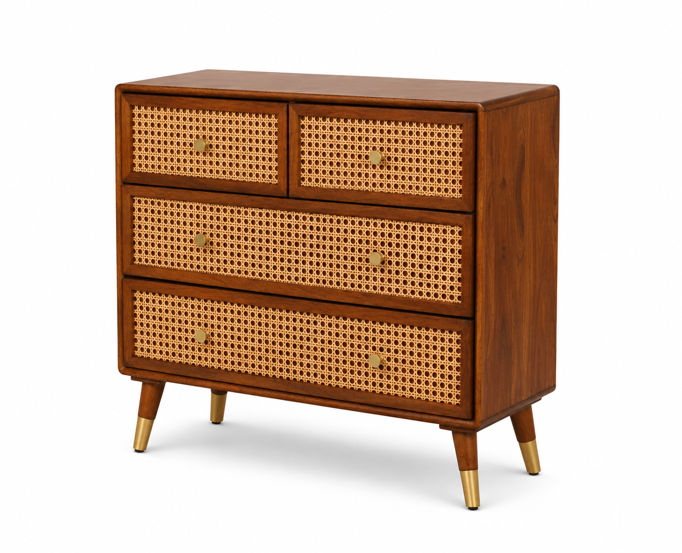 PremWood Solid Sheesham Wood Chest of Drawers with Natural Rattan Cane Weave Front | Honey Finish Wooden Dresser Cabinet | 4 Drawer Storage for Bedroom & Living Room