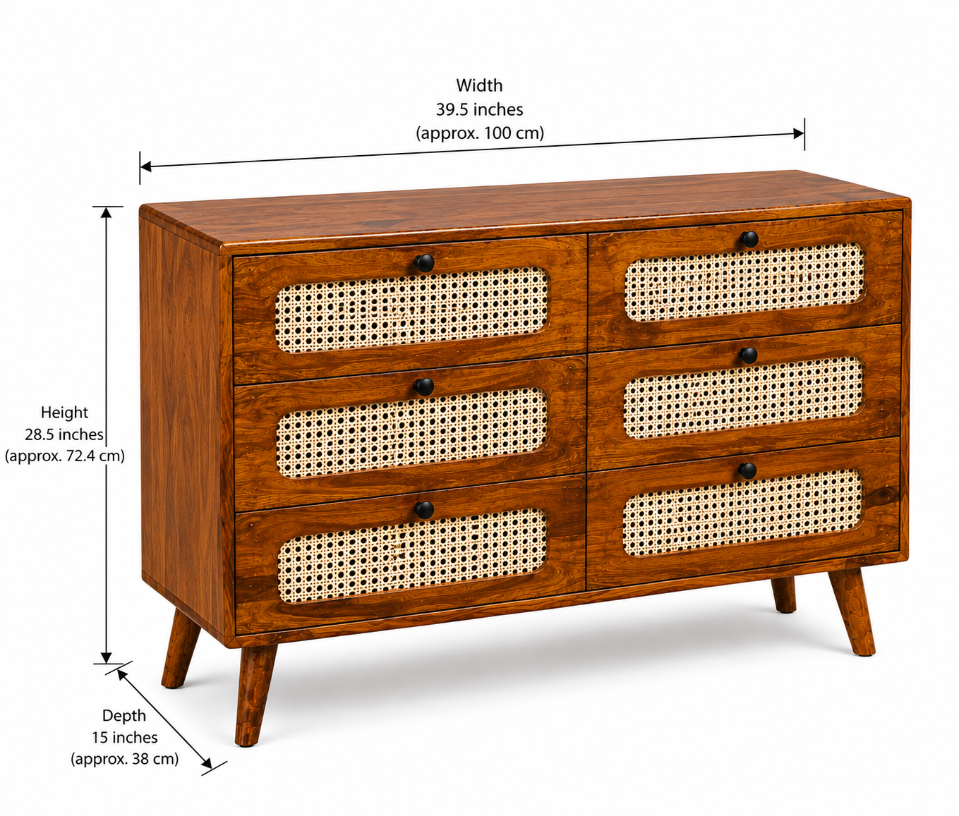 PremWood Solid Sheesham Wood 6-Drawer Dresser with Natural Rattan Cane Panels | Honey Finish Wooden Chest of Drawers | Mid-Century Modern Storage Cabinet for Bedroom & Living Room