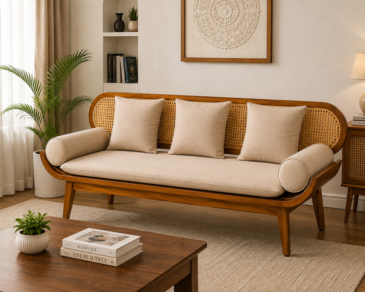 Premwood Solid Sheesham Wood 3+1+1 Sofa Set with Natural Rattan Cane | 3-Seater Sofa & 2 Single Seater Chairs | Honey Finish |  Living Room Furniture