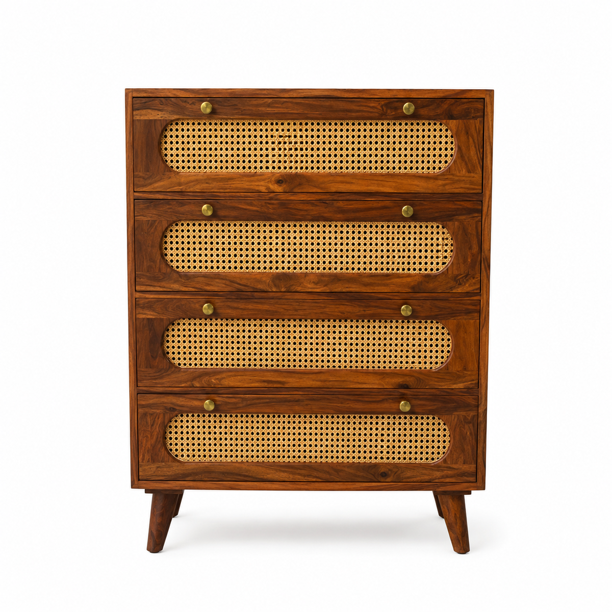 PremWood Solid Sheesham Wood Chest of 4 Drawers with Natural Rattan Cane Weave | Honey Finish Wooden Dresser Cabinet | Bedroom & Living Room Storage