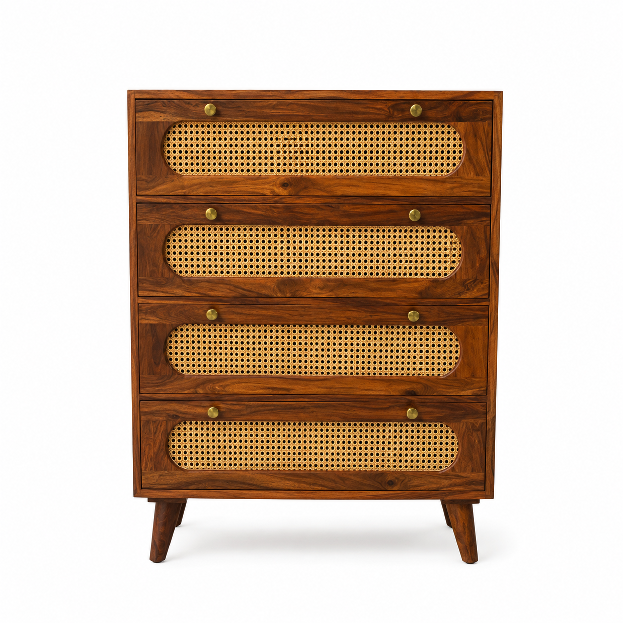 PremWood Solid Sheesham Wood Chest of 4 Drawers with Natural Rattan Cane Weave | Honey Finish Wooden Dresser Cabinet | Bedroom & Living Room Storage