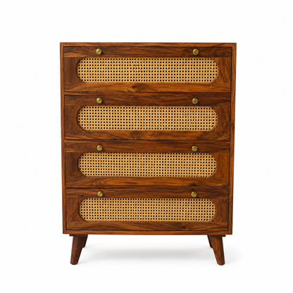 PremWood Solid Sheesham Wood Chest of 4 Drawers with Natural Rattan Cane Weave | Honey Finish Wooden Dresser Cabinet | Bedroom & Living Room Storage