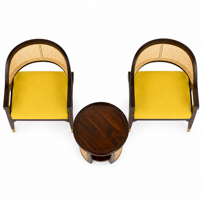 Luxury Sheesham Wood Coffee Table Set with 2 Natural Cane Chairs | Handcrafted Living Room Furniture