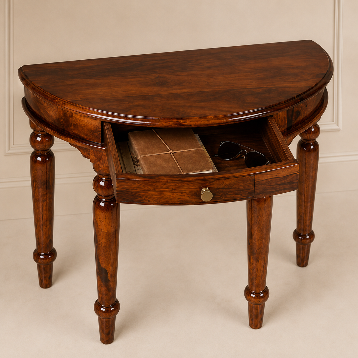 PremWood Solid Sheesham Wood Half Moon Console Table with Storage Drawer | Entryway, Hallway & Living Room Console Table | Honey Finish