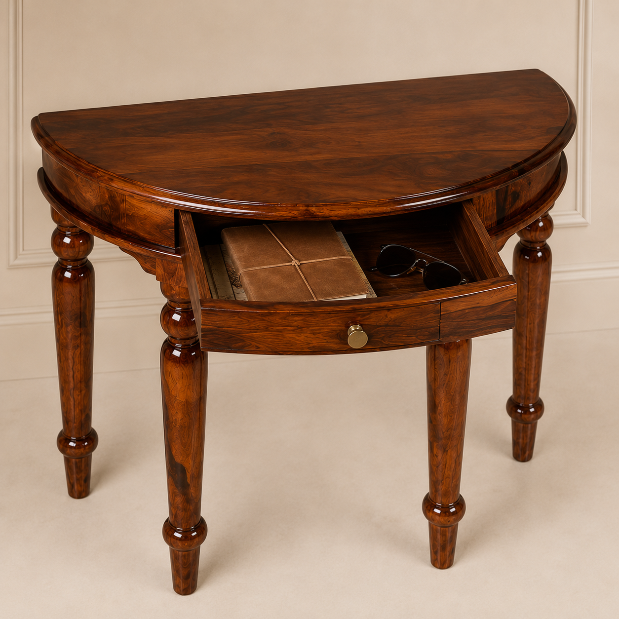PremWood Solid Sheesham Wood Half Moon Console Table with Storage Drawer | Entryway, Hallway & Living Room Console Table | Honey Finish