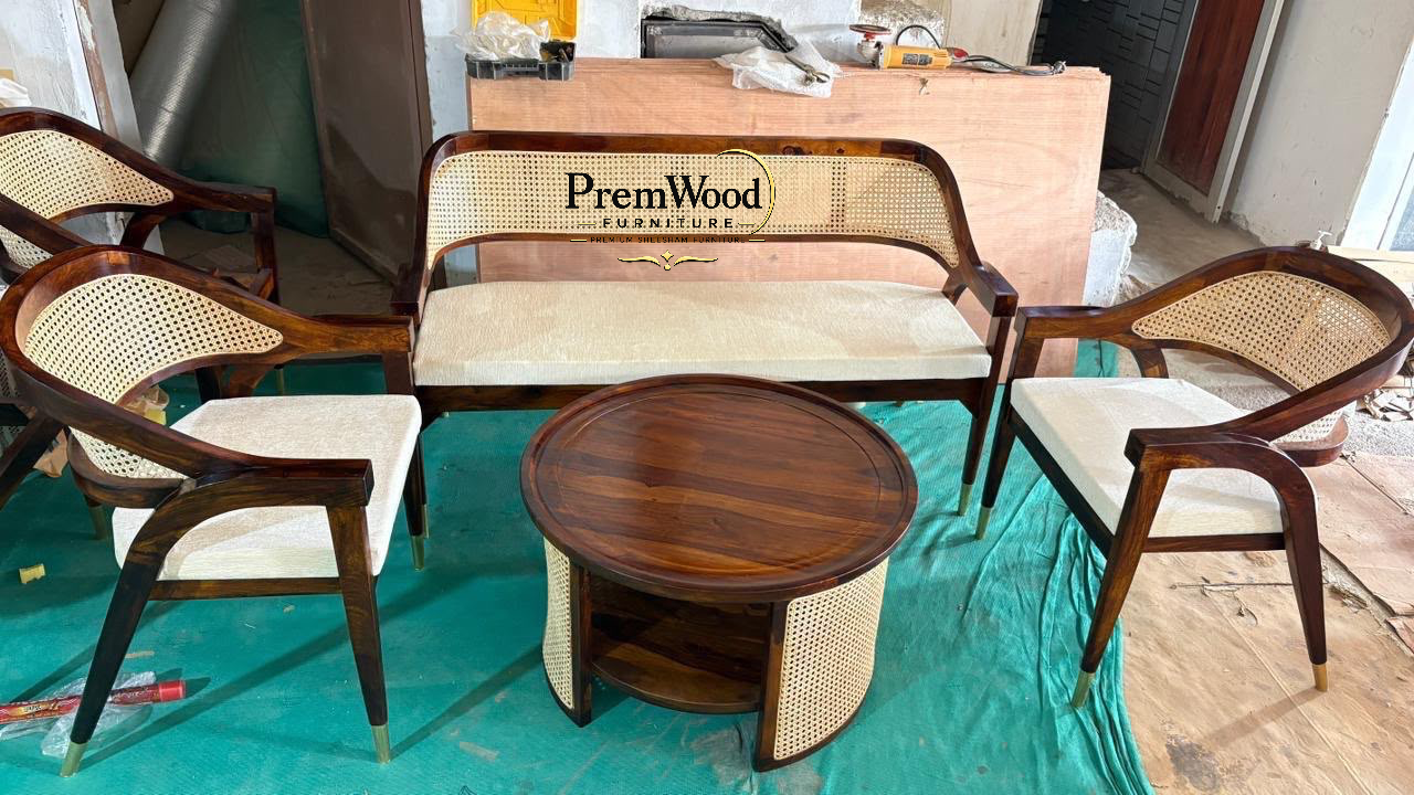 PremWood Luxury Solid Sheesham Wood & Natural Cane 3 Seater Sofa Set with Coffee Table & 2 Chairs | Premium Living Room Furniture