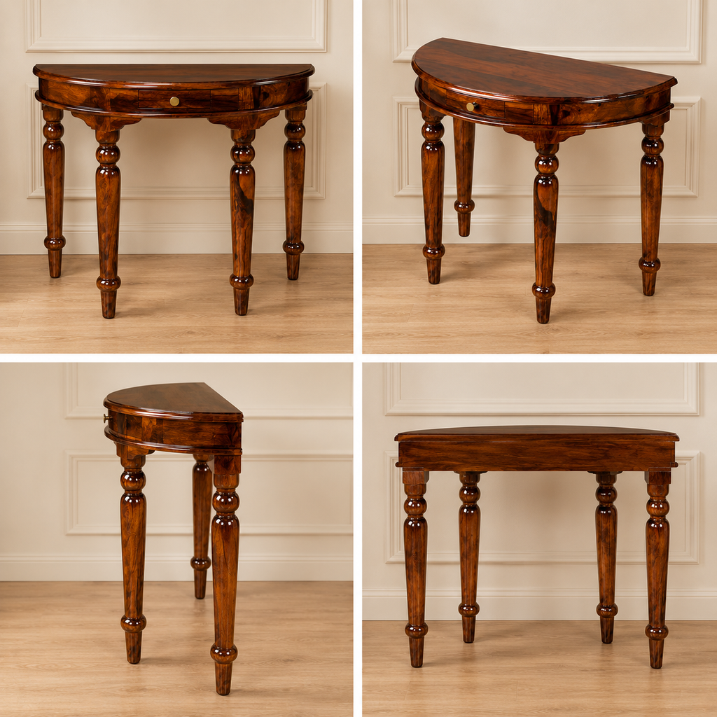 PremWood Solid Sheesham Wood Half Moon Console Table with Storage Drawer | Entryway, Hallway & Living Room Console Table | Honey Finish