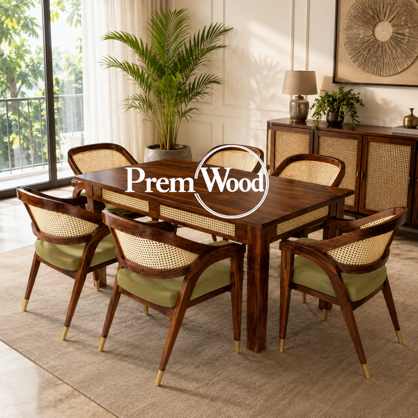 PremWood Solid Sheesham Wood 6 Seater Dining Table Set with Cane Back Cushioned Chairs – Honey Finish