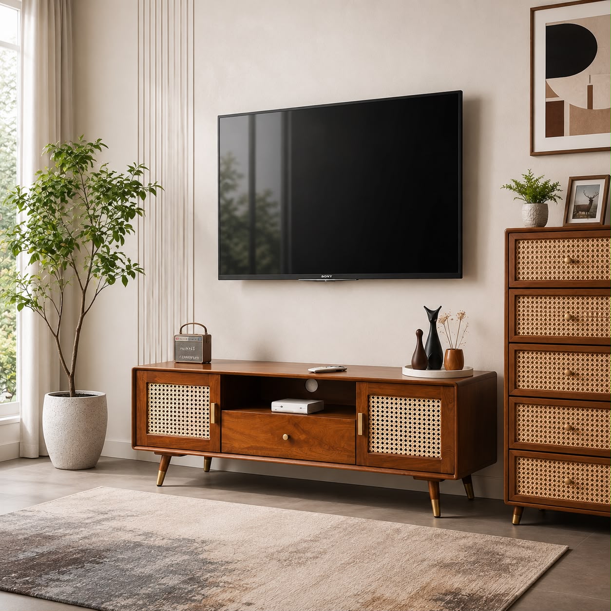 Premwood Solid Wood Rattan Cane TV Cabinet | Mid-Century Entertainment Unit | Brown Finish