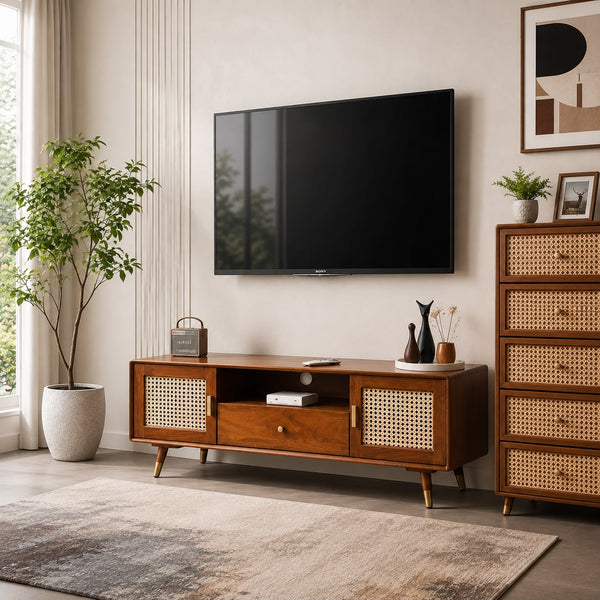Premwood Solid Wood Rattan Cane TV Cabinet | Mid-Century Entertainment Unit | Brown Finish