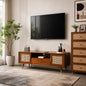 Premwood Solid Wood Rattan Cane TV Cabinet | Mid-Century Entertainment Unit | Brown Finish