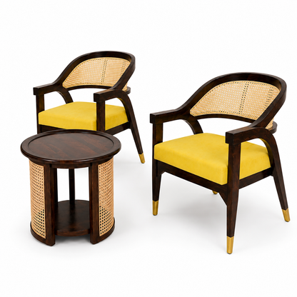Luxury Sheesham Wood Coffee Table Set with 2 Natural Cane Chairs | Handcrafted Living Room Furniture