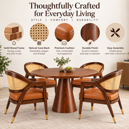 PremWood Solid Sheesham Wood Round Dining Table Set with 4 Cane Back Chairs | Modern Luxury Dining Set for Home & Dining Room