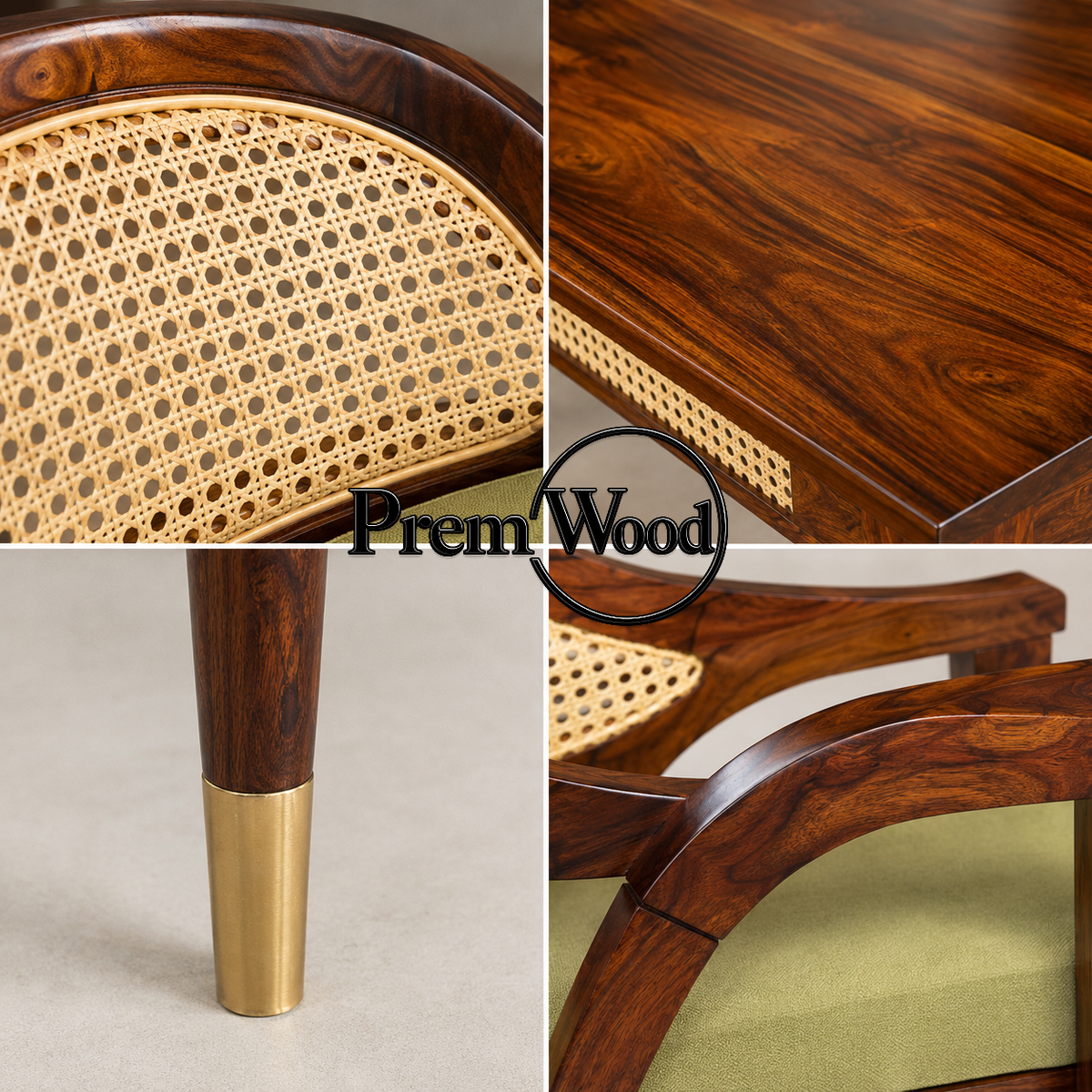 PremWood Solid Sheesham Wood 6 Seater Dining Table Set with Cane Back Cushioned Chairs – Honey Finish