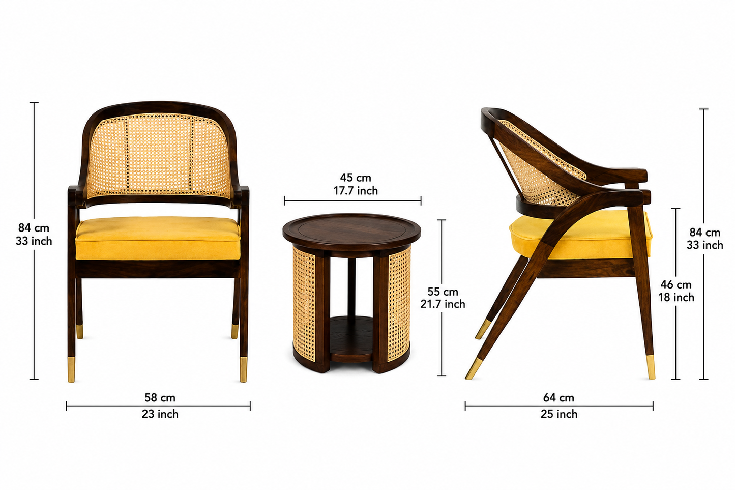 Luxury Sheesham Wood Coffee Table Set with 2 Natural Cane Chairs | Handcrafted Living Room Furniture