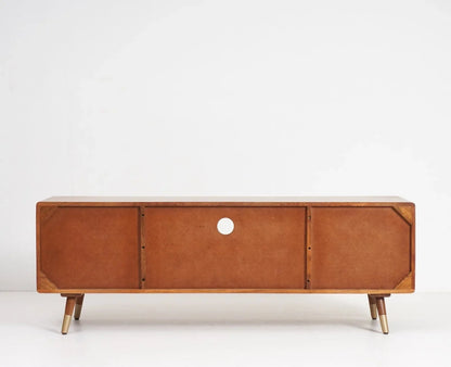 Premwood Solid Wood Rattan Cane TV Cabinet | Mid-Century Entertainment Unit | Brown Finish