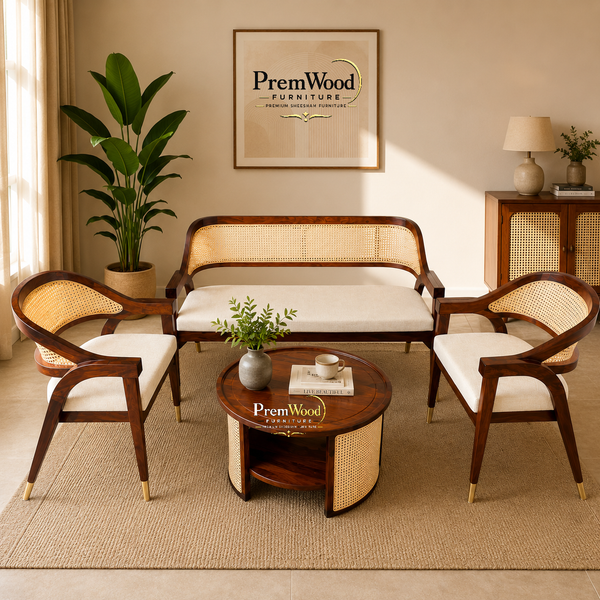 PremWood Luxury Solid Sheesham Wood & Natural Cane 3 Seater Sofa Set with Coffee Table & 2 Chairs | Premium Living Room Furniture