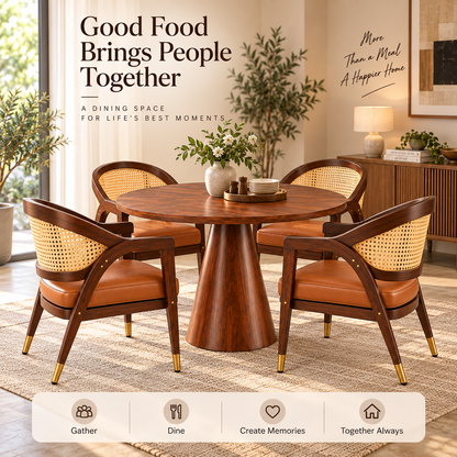 PremWood Solid Sheesham Wood Round Dining Table Set with 4 Cane Back Chairs | Modern Luxury Dining Set for Home & Dining Room