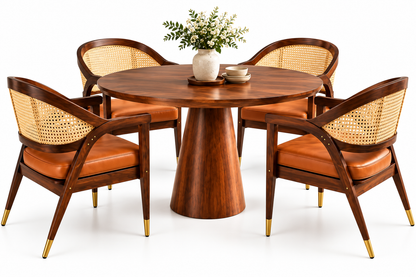 PremWood Solid Sheesham Wood Round Dining Table Set with 4 Cane Back Chairs | Modern Luxury Dining Set for Home & Dining Room