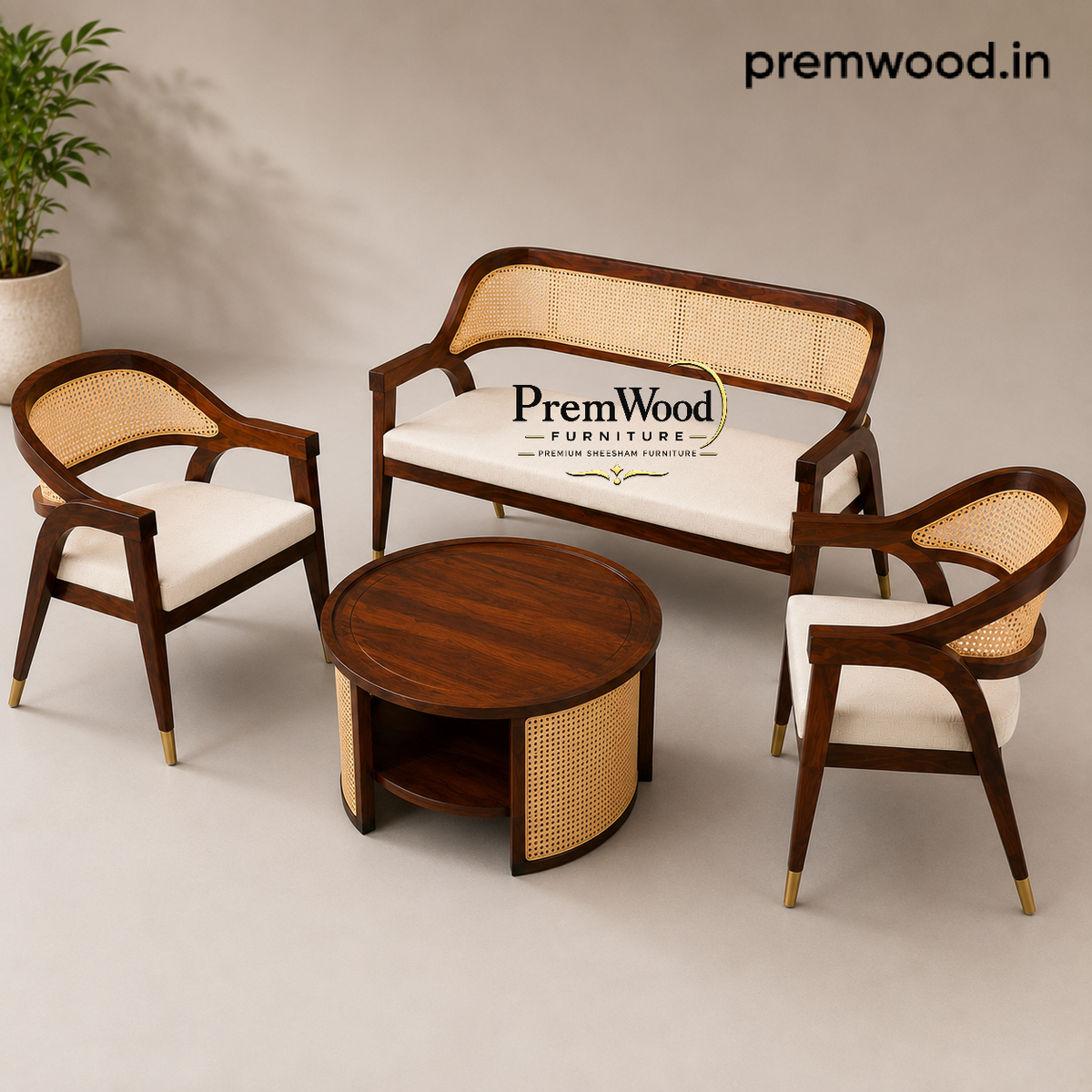 PremWood Luxury Solid Sheesham Wood & Natural Cane 3 Seater Sofa Set with Coffee Table & 2 Chairs | Premium Living Room Furniture