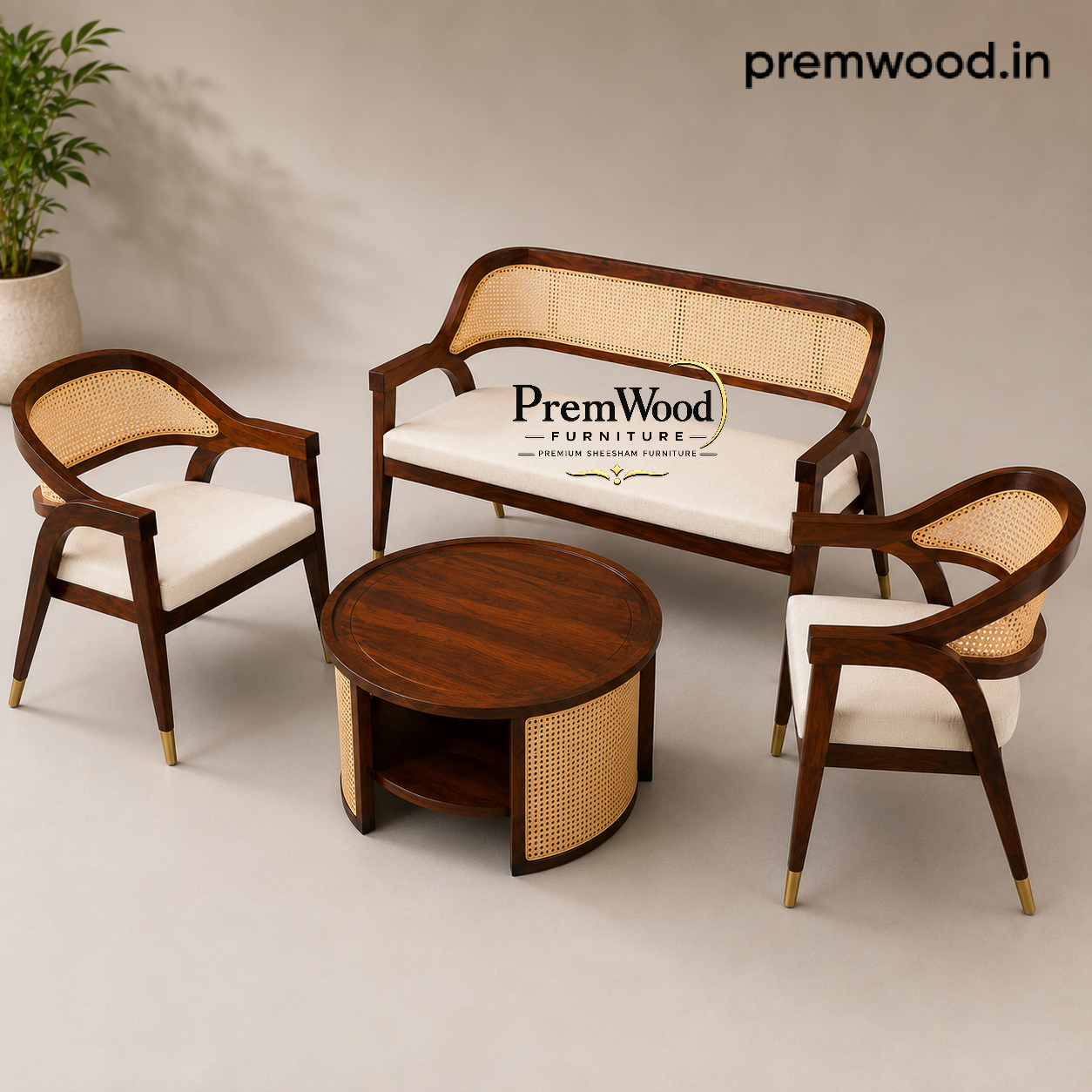 PremWood Luxury Solid Sheesham Wood & Natural Cane 3 Seater Sofa Set with Coffee Table & 2 Chairs | Premium Living Room Furniture