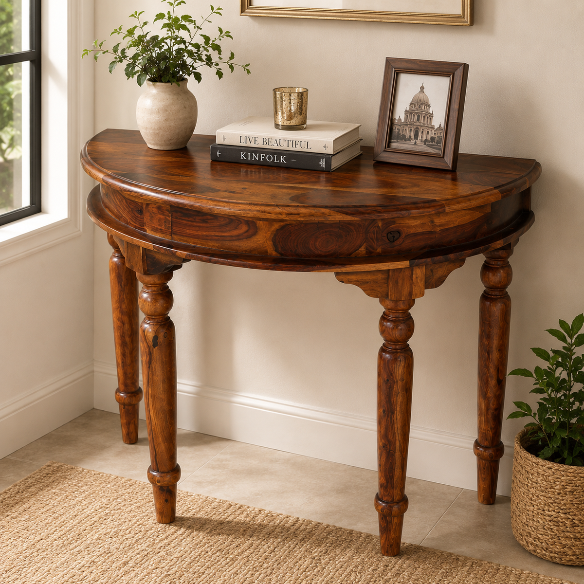 PremWood Solid Sheesham Wood Half Moon Console Table with Storage Drawer | Entryway, Hallway & Living Room Console Table | Honey Finish