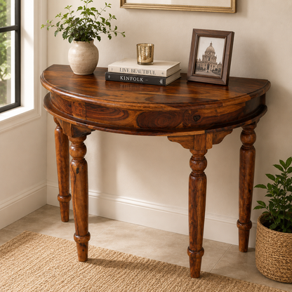 PremWood Solid Sheesham Wood Half Moon Console Table with Storage Drawer | Entryway, Hallway & Living Room Console Table | Honey Finish
