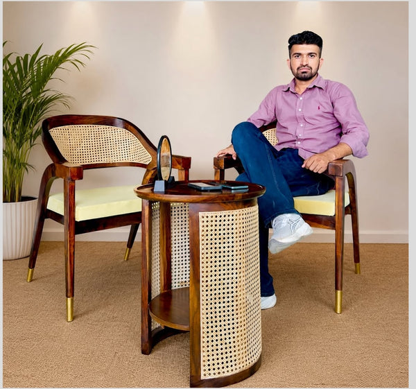 Luxury Sheesham Wood Coffee Table Set with 2 Natural Cane Chairs | Handcrafted Living Room Furniture