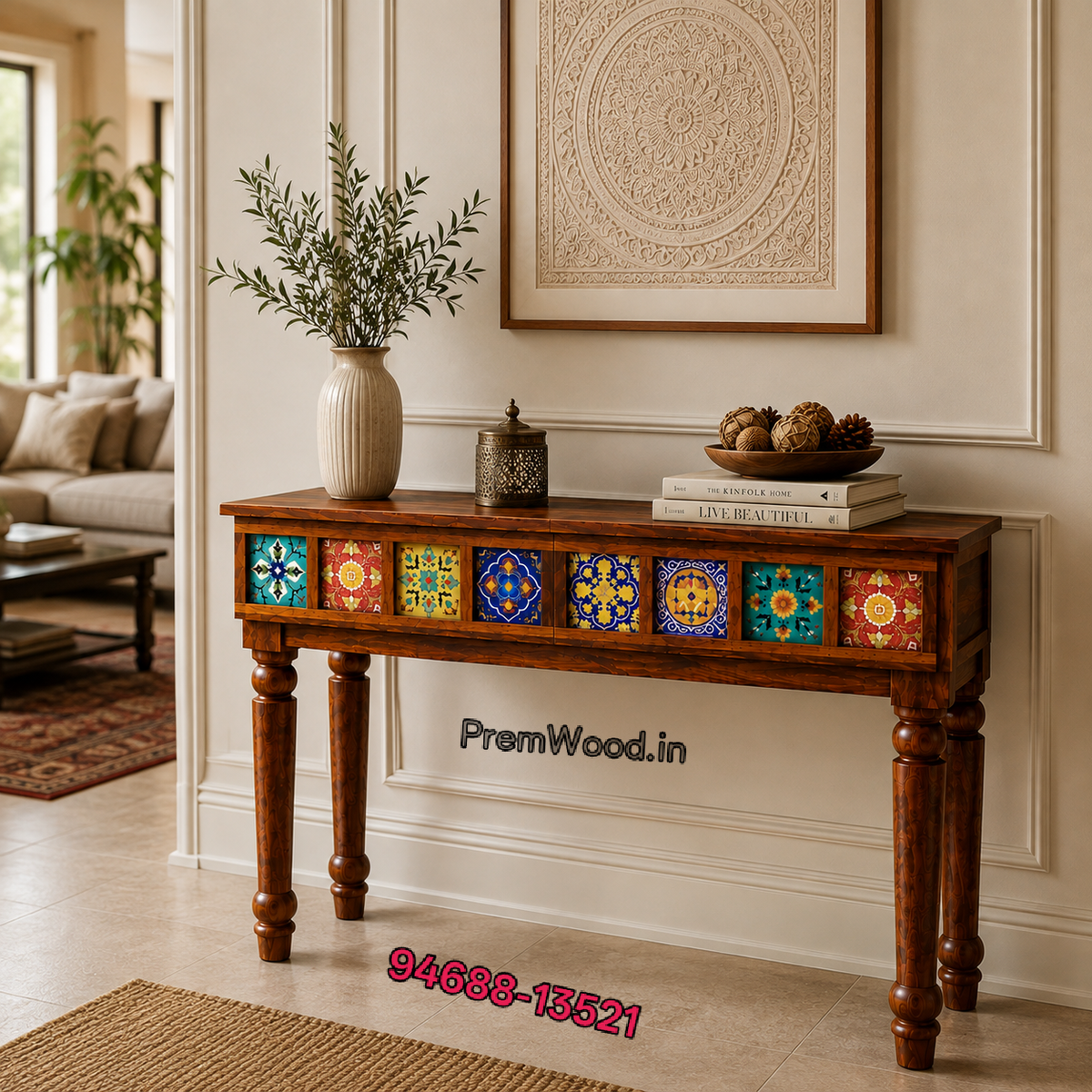 Premwood Handcrafted Solid Wood Console Table with Colorful Ceramic Tile Inlay | 40 Inch Entryway, Hallway & Living Room Accent Console Table