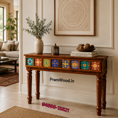 Premwood Handcrafted Solid Wood Console Table with Colorful Ceramic Tile Inlay | 40 Inch Entryway, Hallway & Living Room Accent Console Table